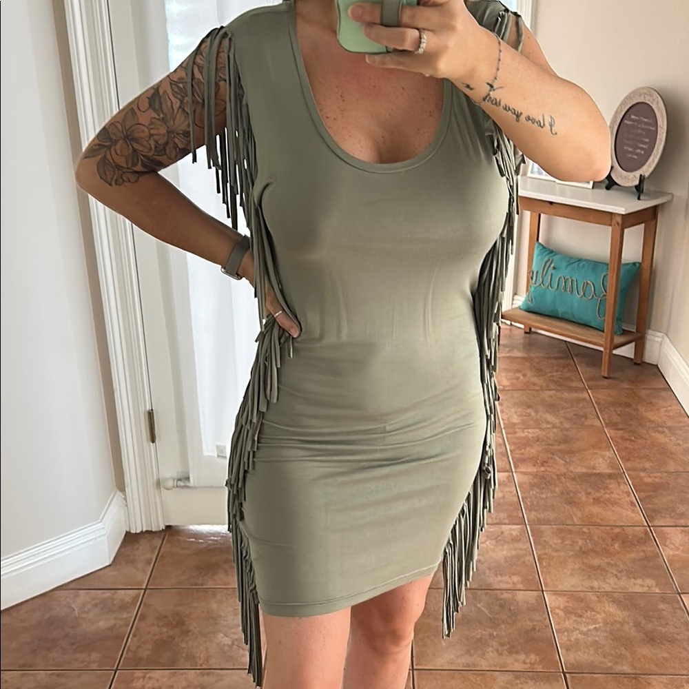 Fringe Olive Green Dress